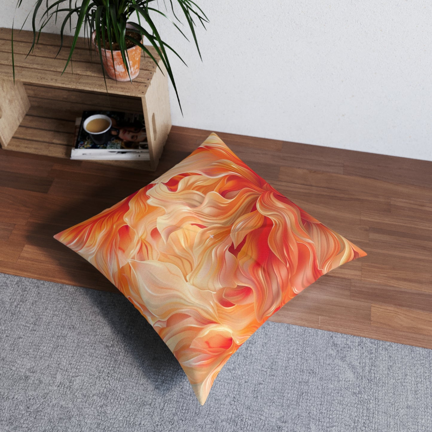 Orange Floral 2 Tufted Floor Pillow, Square