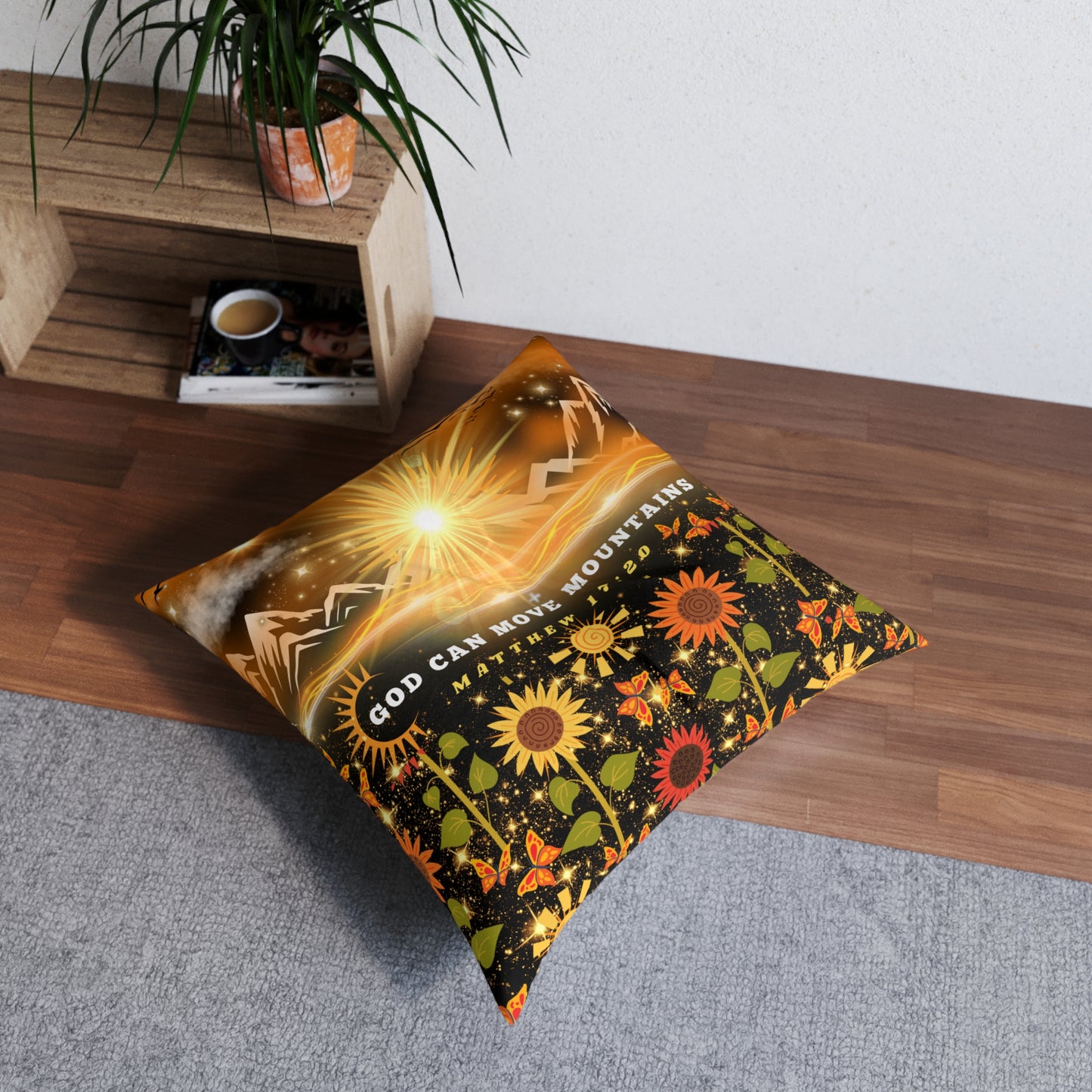 God Can Move Mountains Tufted Floor Pillow, Square