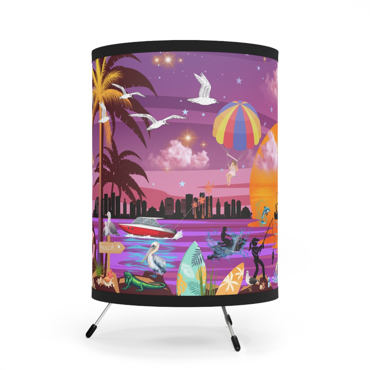 Fishing At Sunset Tripod Lamp with High-Res Printed Shade, US\CA plug