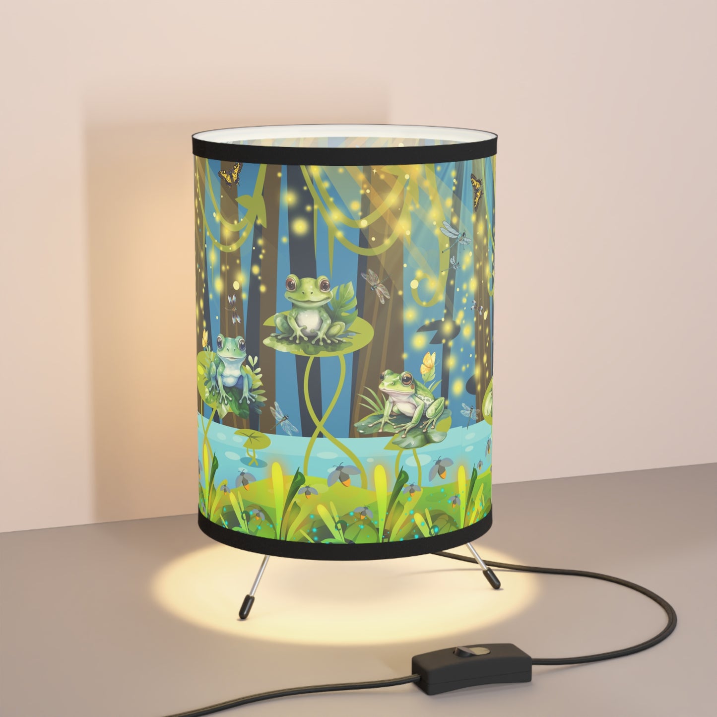 Frogs And Fireflies Tripod Lamp with High-Res Printed Shade, US\CA plug