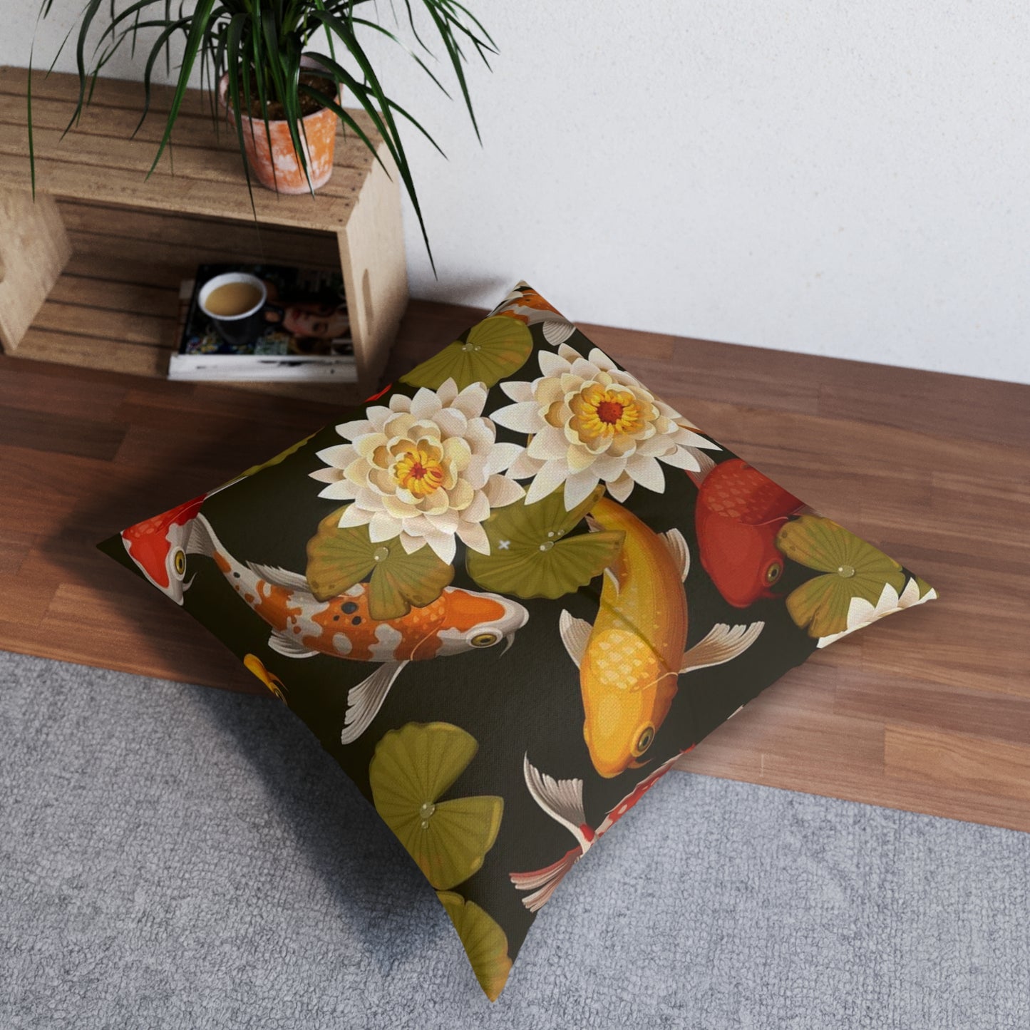 Tufted Floor Pillow, Square Koi Lotus