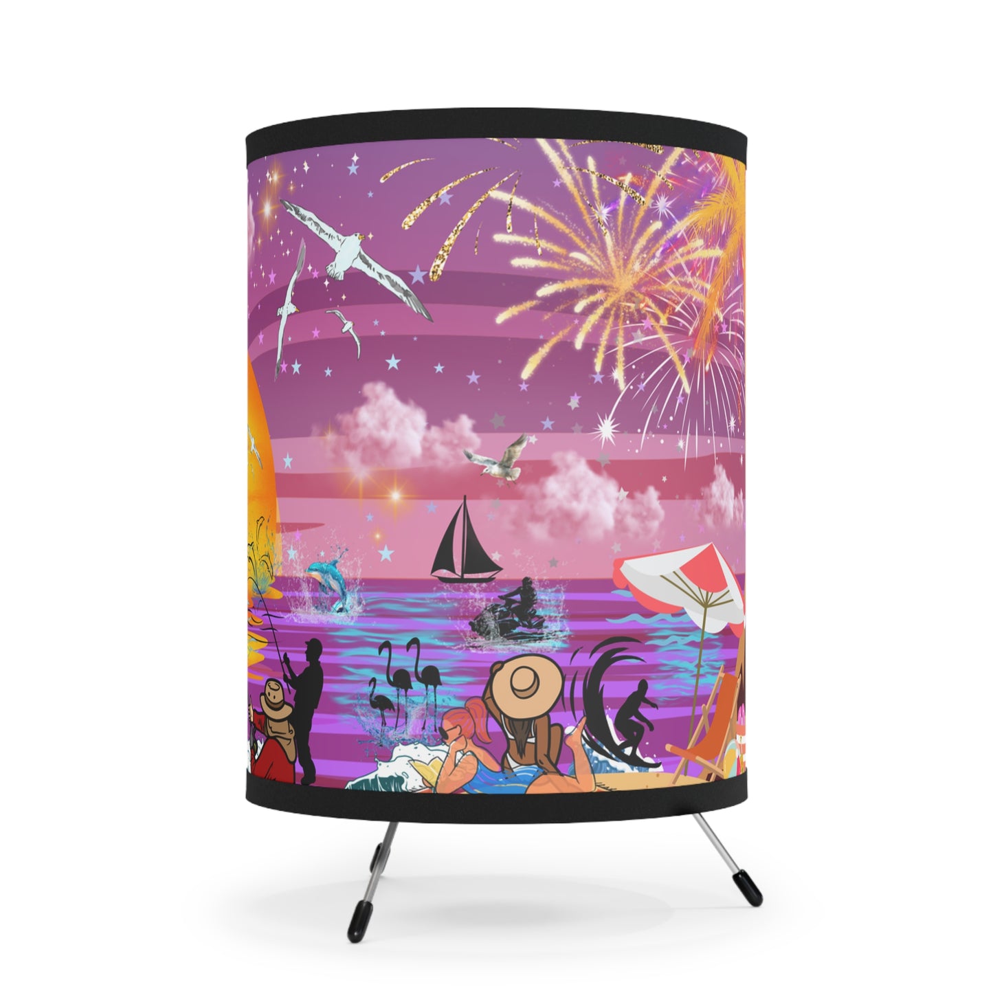 Fishing At Sunset Tripod Lamp with High-Res Printed Shade, US\CA plug
