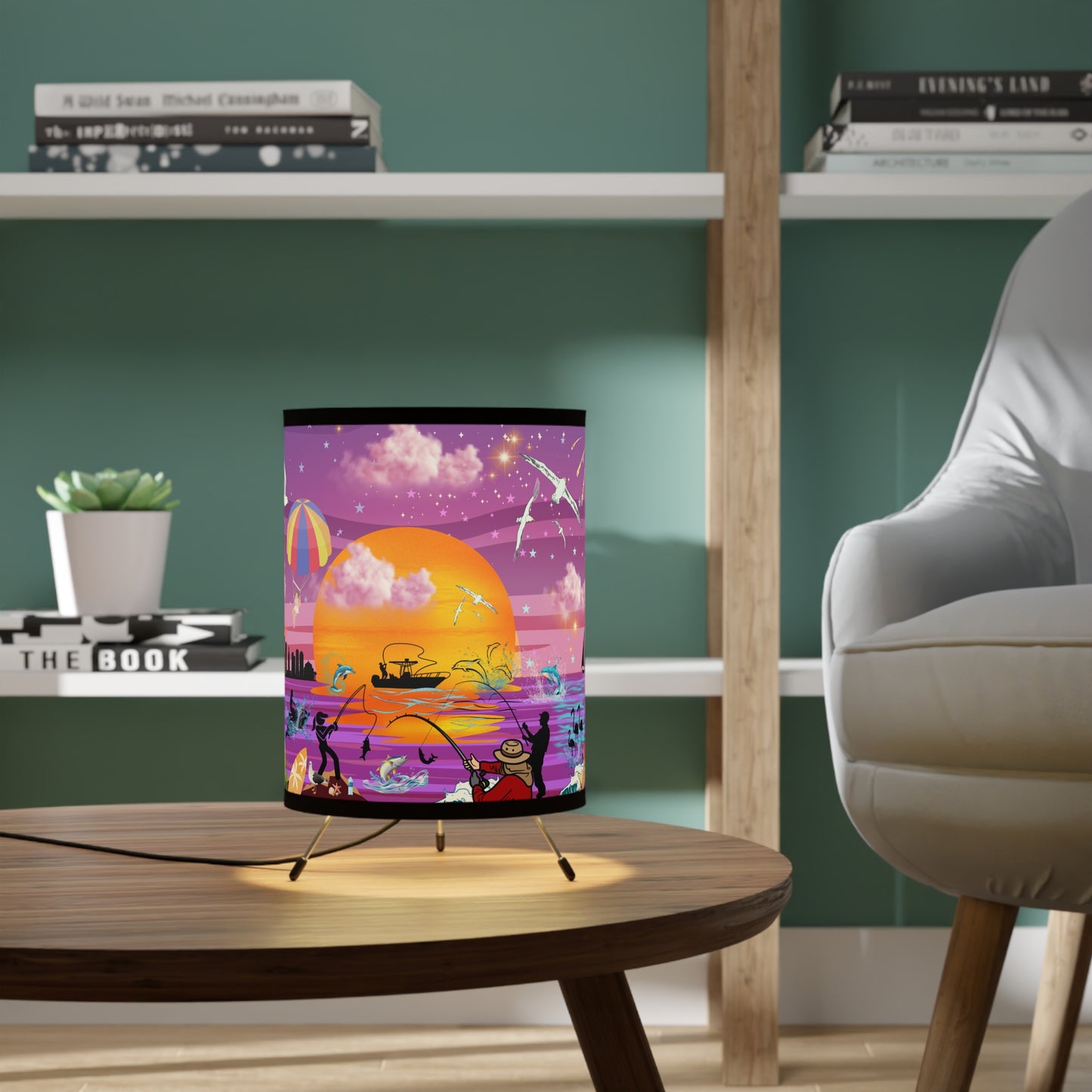 Fishing At Sunset Tripod Lamp with High-Res Printed Shade, US\CA plug