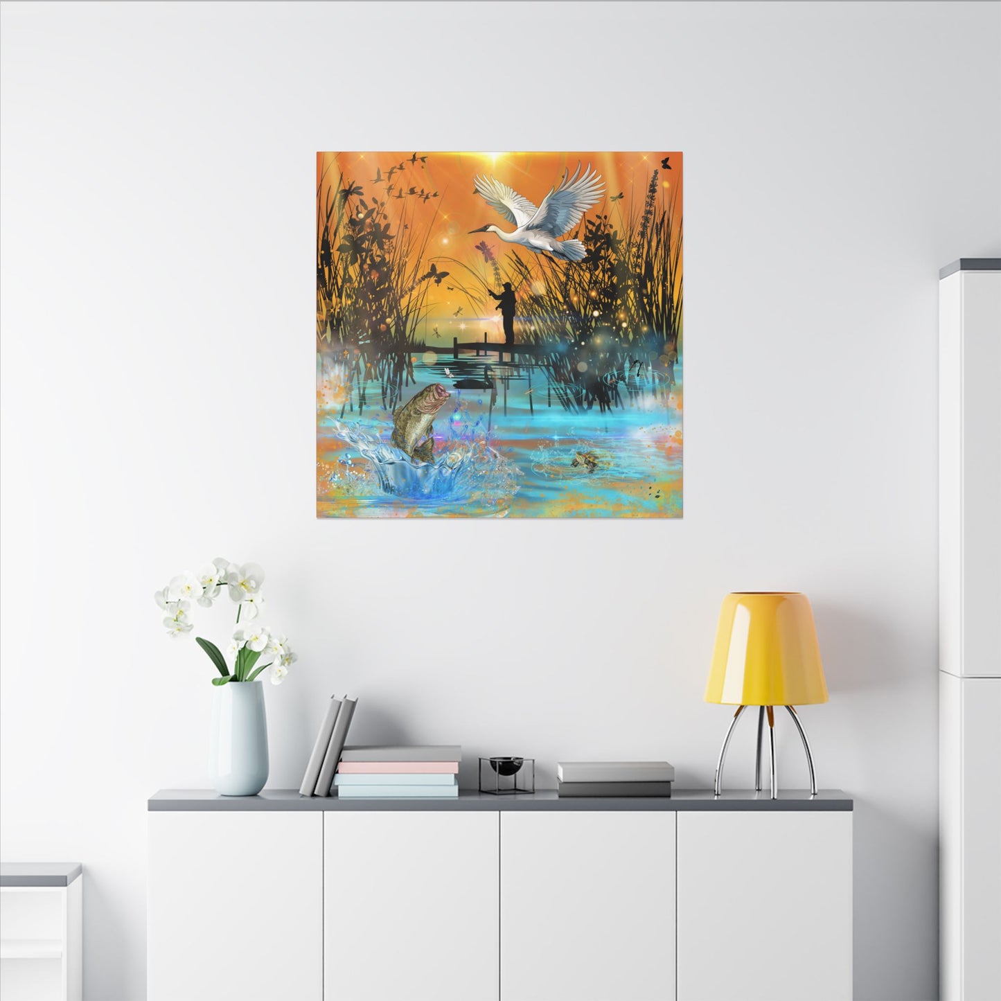 First Light First Bite - Fishing Sunset Canvas Art, Wildlife Wall Decor, Nature Lover Gift, Outdoor Adventure Home Decor, Multi-Size Fish Print