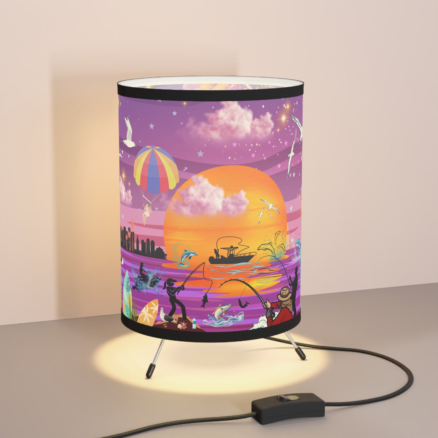 Fishing At Sunset Tripod Lamp with High-Res Printed Shade, US\CA plug