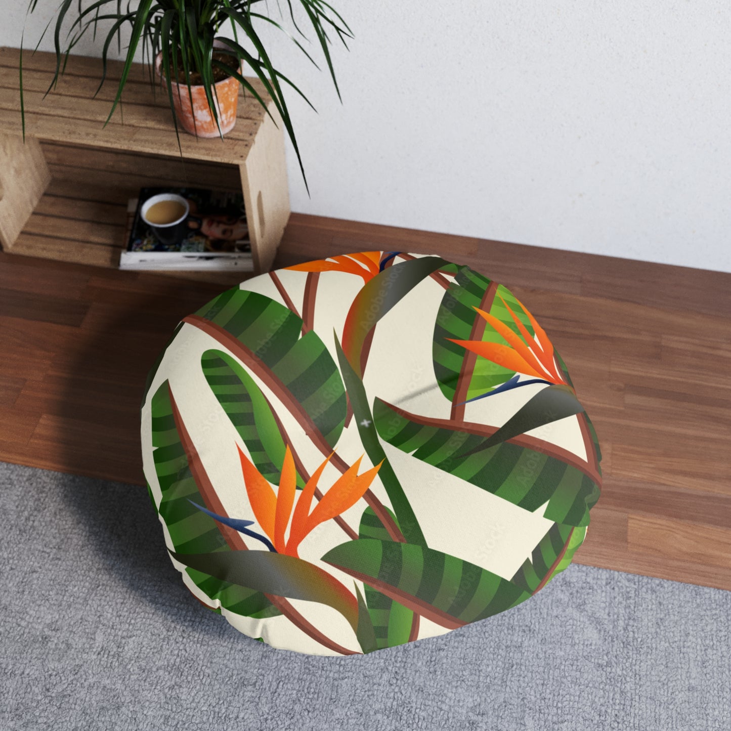 Tufted Floor Pillow, Round Bird Of Paradise