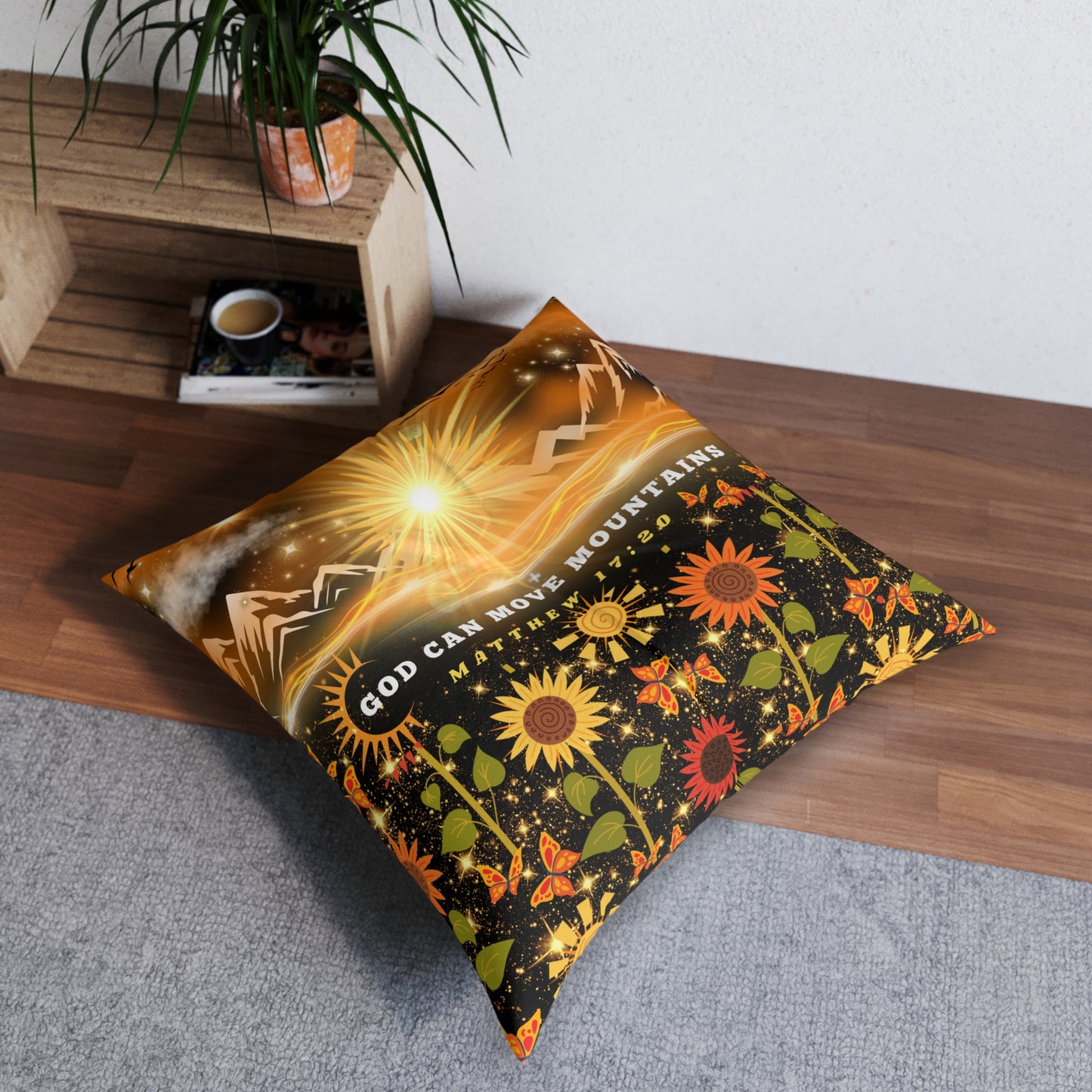 God Can Move Mountains Tufted Floor Pillow, Square