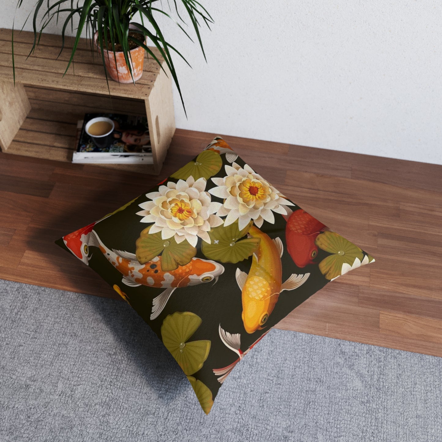 Tufted Floor Pillow, Square Koi Lotus