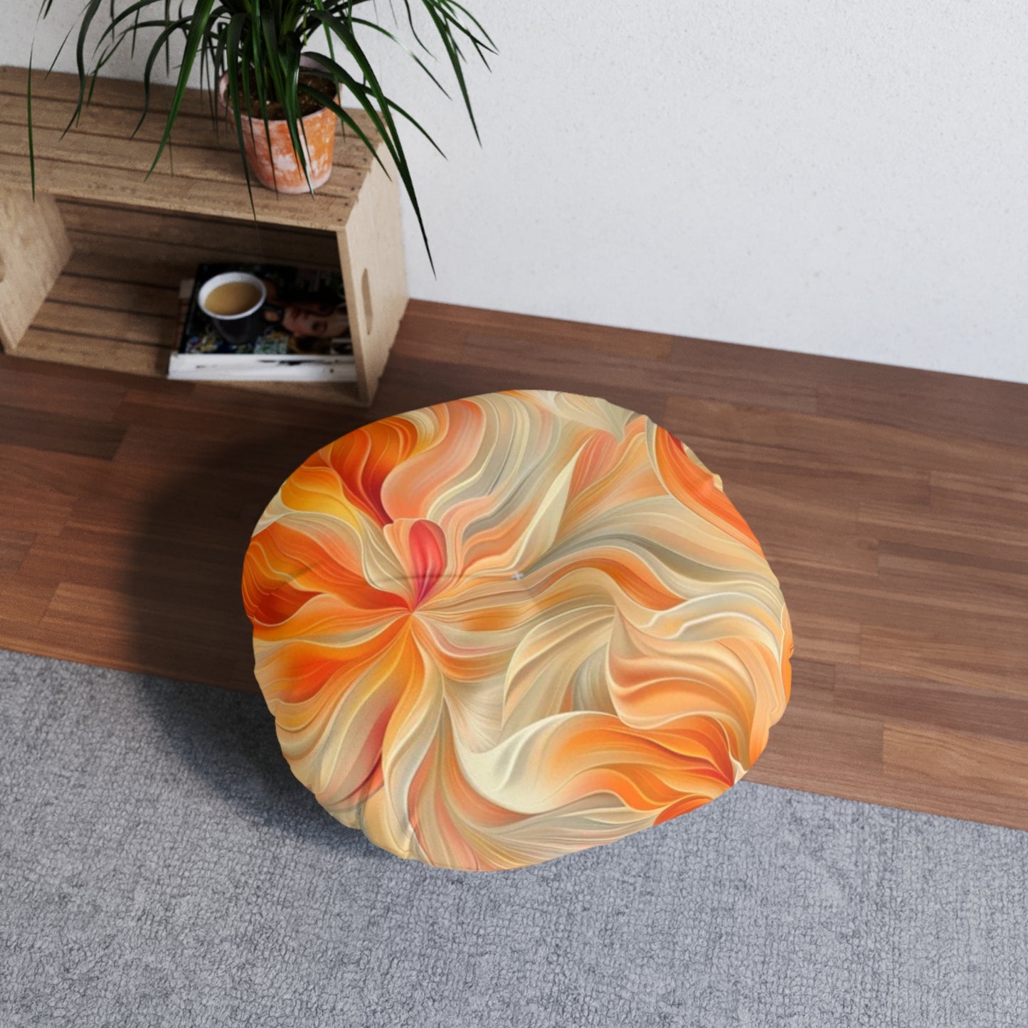 Tufted Floor Pillow, Round Orange Floral