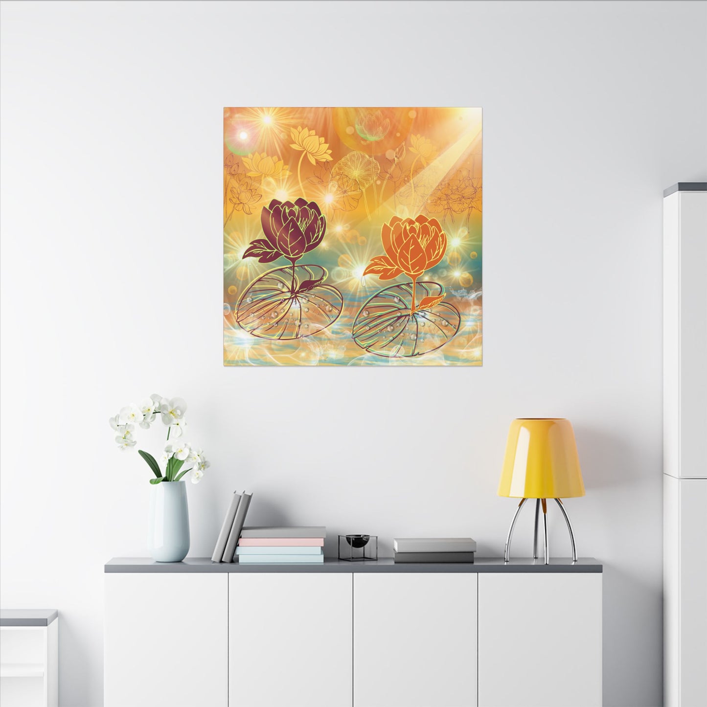 Morning Dew- Lotus Blossom Stretched Canvas Art Print, Vibrant Wall Decor, Meditation Room Artwork, Floral Home Decoration, Gift for Yoga Lovers
