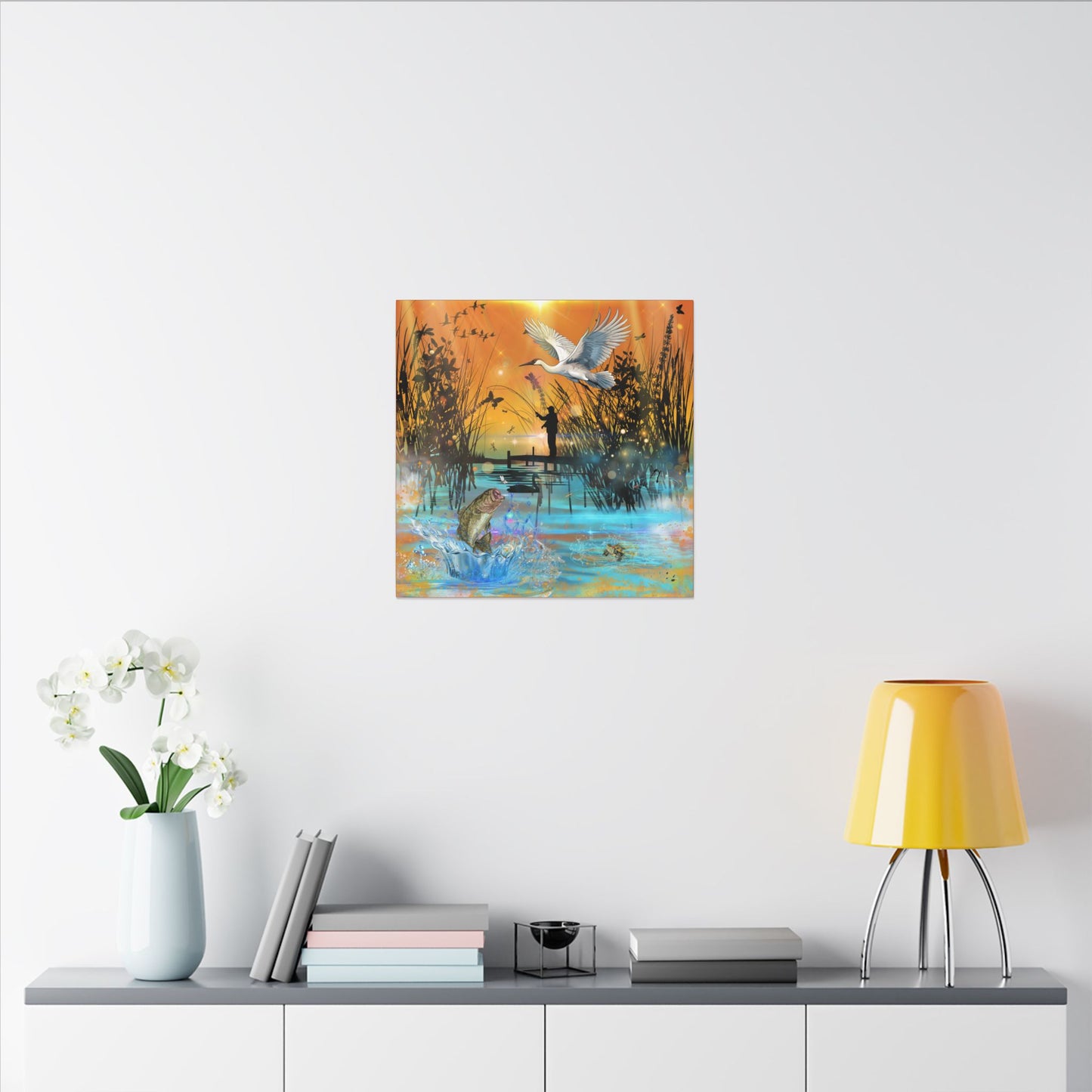 First Light First Bite - Fishing Sunset Canvas Art, Wildlife Wall Decor, Nature Lover Gift, Outdoor Adventure Home Decor, Multi-Size Fish Print