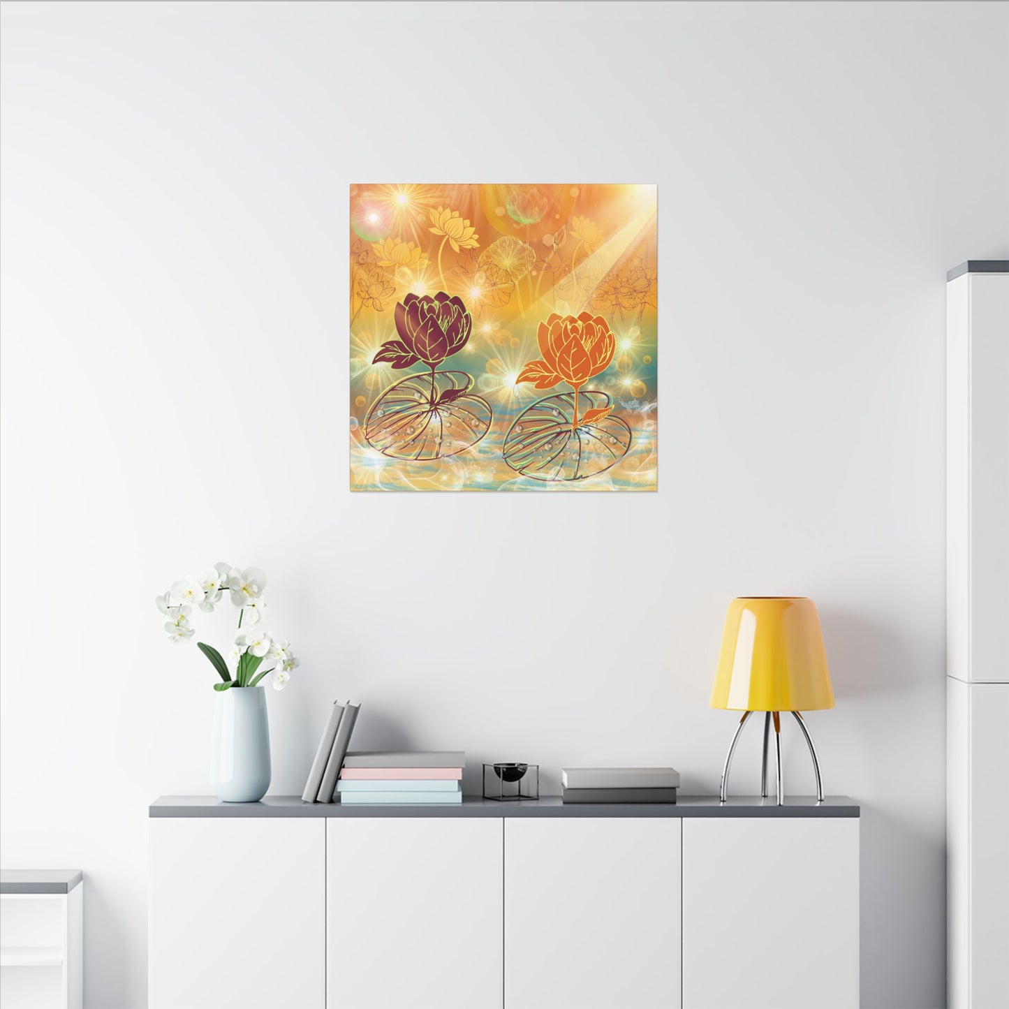 Morning Dew- Lotus Blossom Stretched Canvas Art Print, Vibrant Wall Decor, Meditation Room Artwork, Floral Home Decoration, Gift for Yoga Lovers
