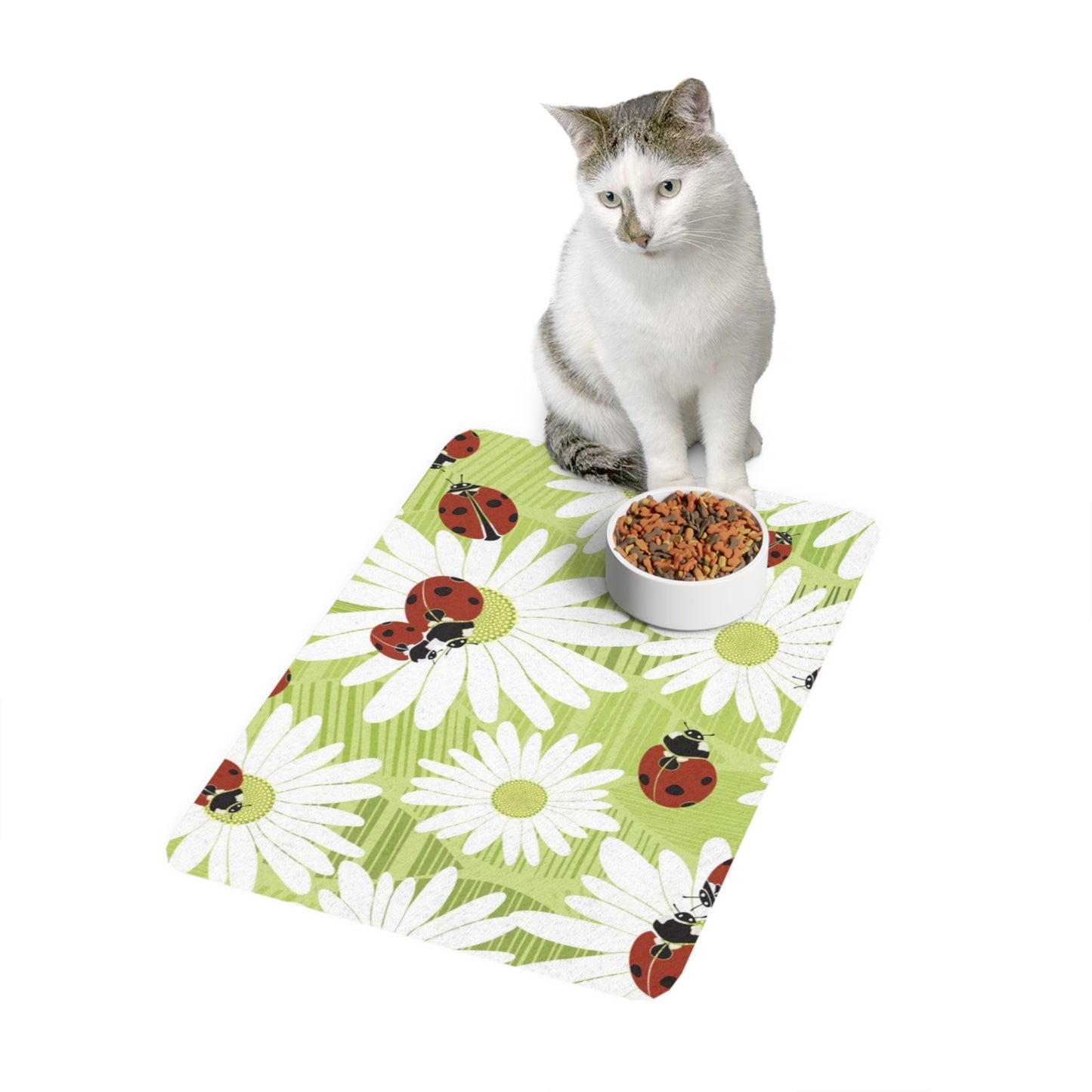 Pet Food Mat (12x18) Ladybugs Green Floral