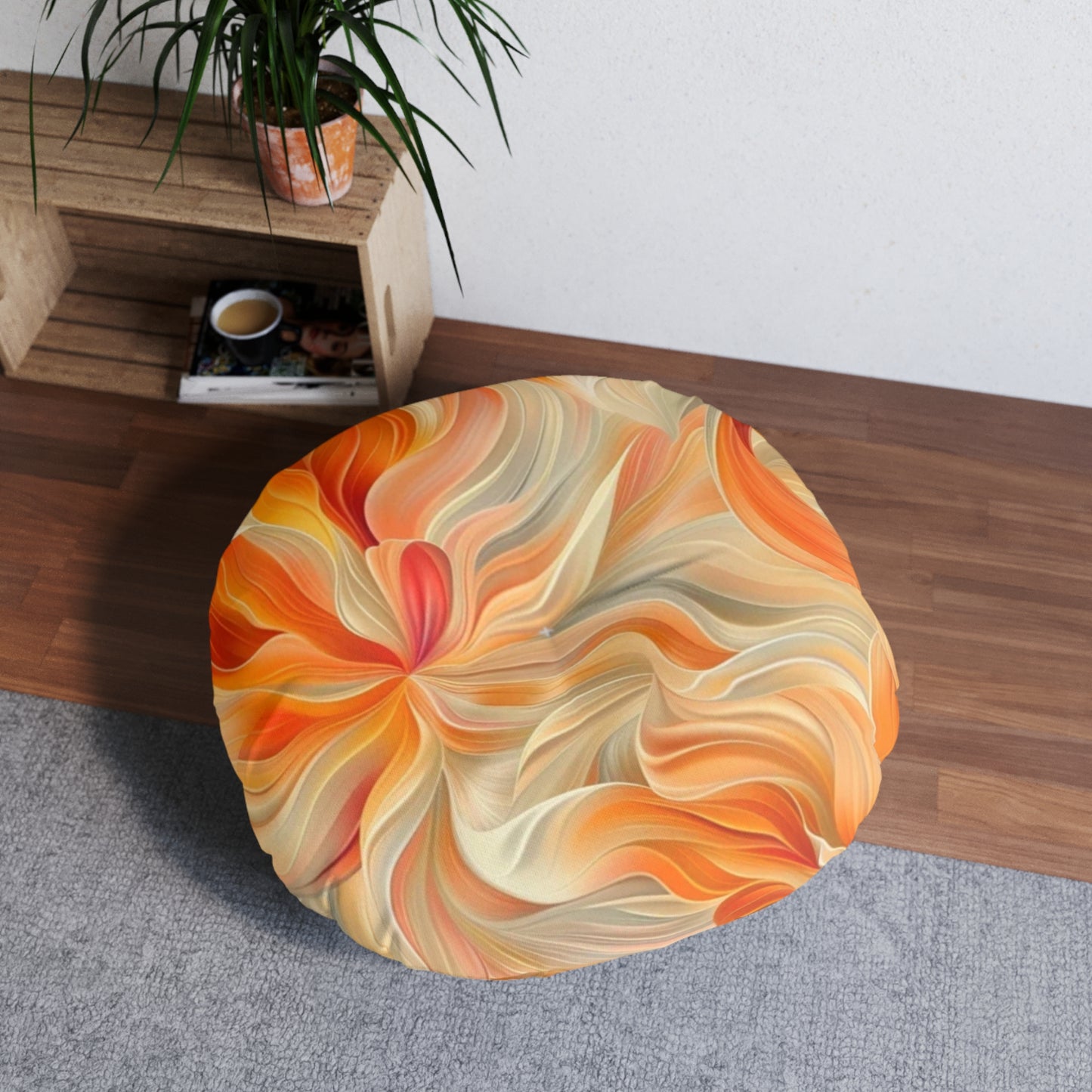 Tufted Floor Pillow, Round Orange Floral