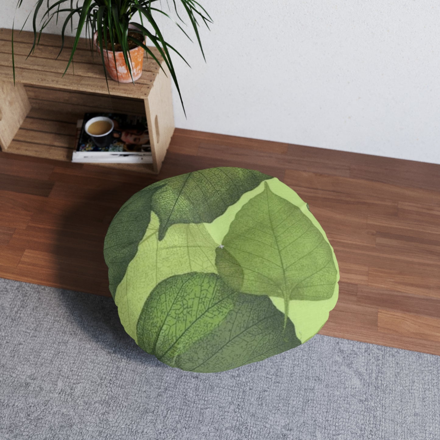 Tufted Floor Pillow, Round Green Leaves