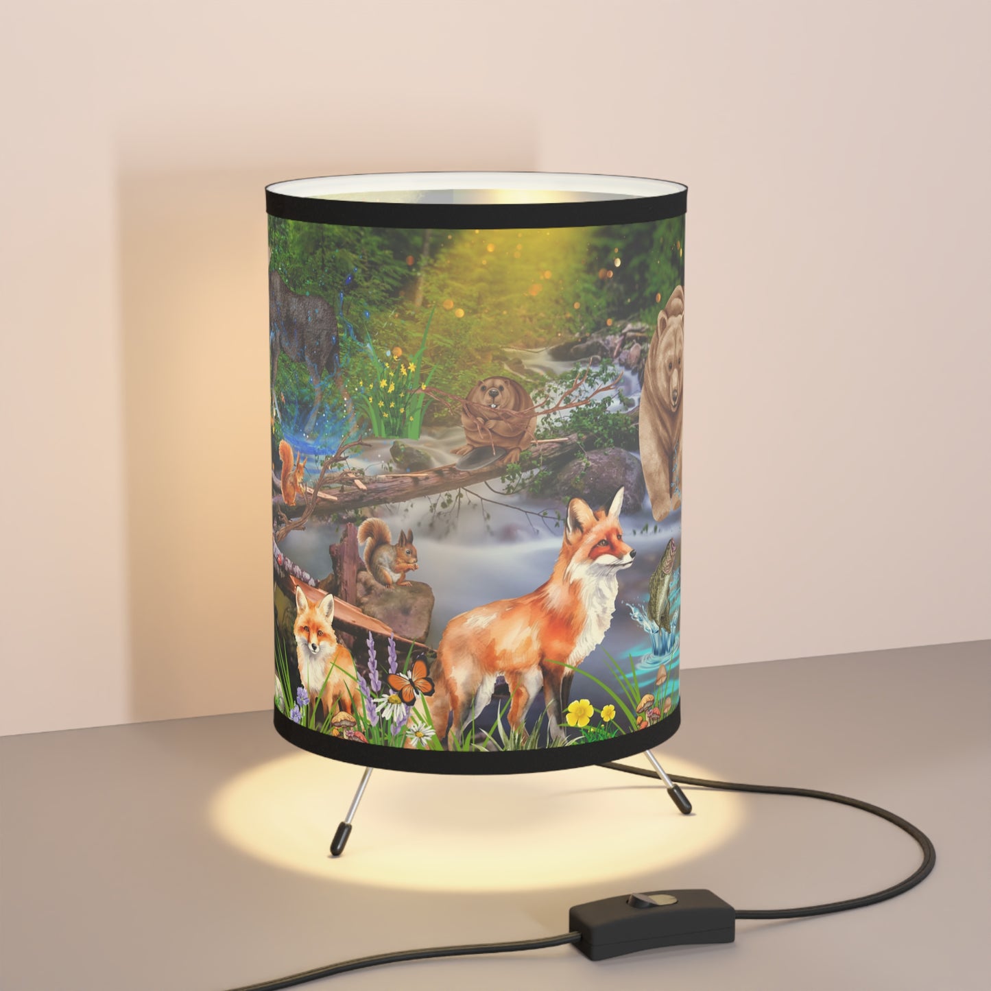 Foxes And Forest Friends Tripod Lamp with High-Res Printed Shade, US\CA plug