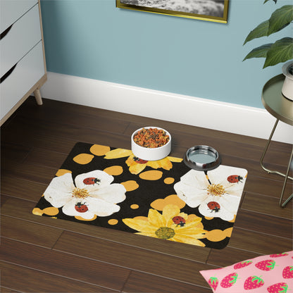 Pet Food Mat (12x18) Ladybugs Yellow Floral