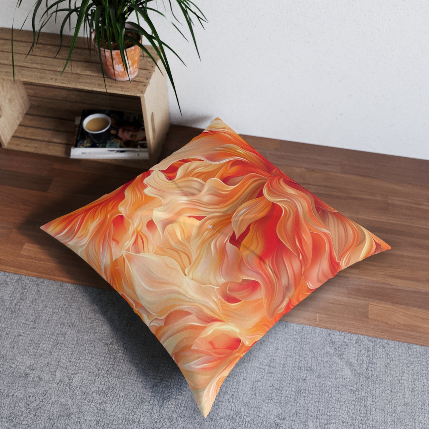 Orange Floral 2 Tufted Floor Pillow, Square