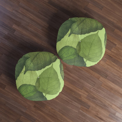 Tufted Floor Pillow, Round Green Leaves