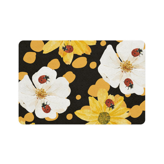 Pet Food Mat (12x18) Ladybugs Yellow Floral