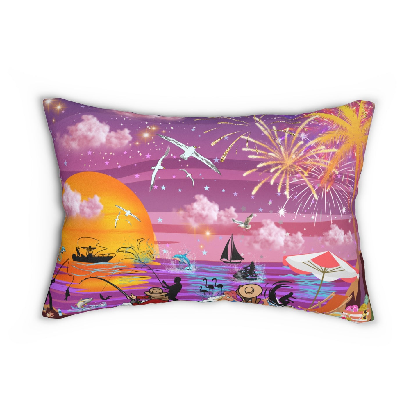 Fishing At Sunset Spun Polyester Lumbar Pillow