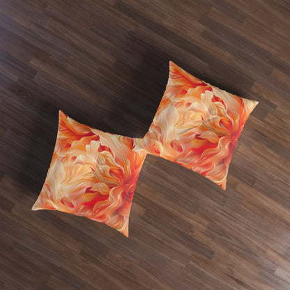 Orange Floral 2 Tufted Floor Pillow, Square