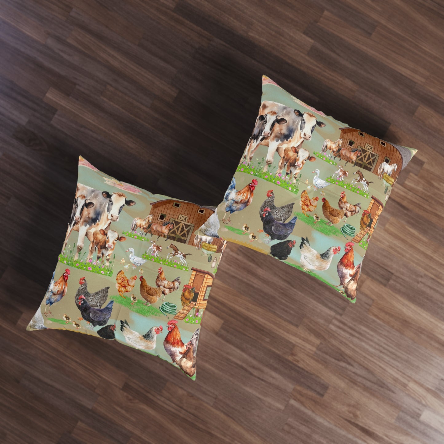 Springtime At The Barnyard Tufted Floor Pillow, Square