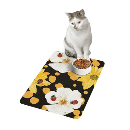 Pet Food Mat (12x18) Ladybugs Yellow Floral