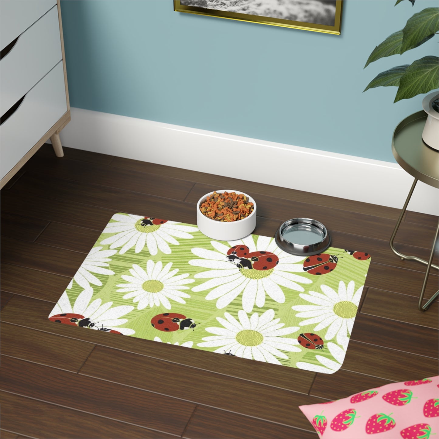 Pet Food Mat (12x18) Ladybugs Green Floral